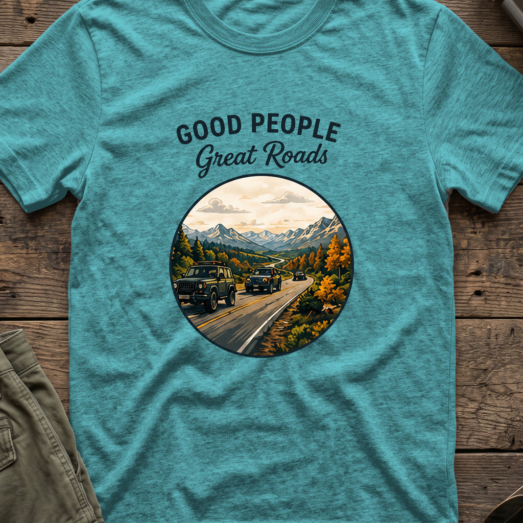 Good People Great Roads T-Shirt in Heather Galapagos Blue, front view.