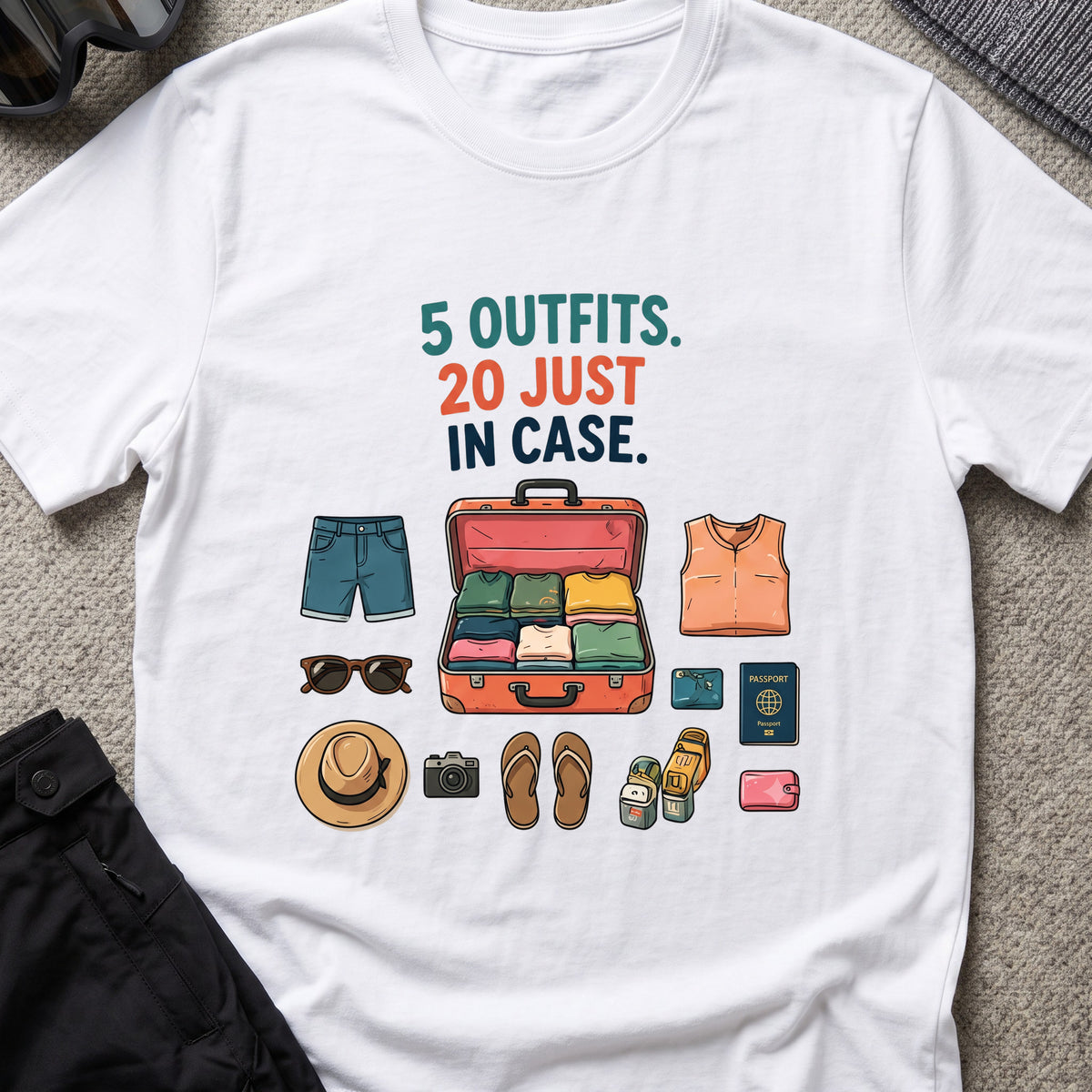 5 Outfits, 20 Just In Case T-Shirt in White, front view.