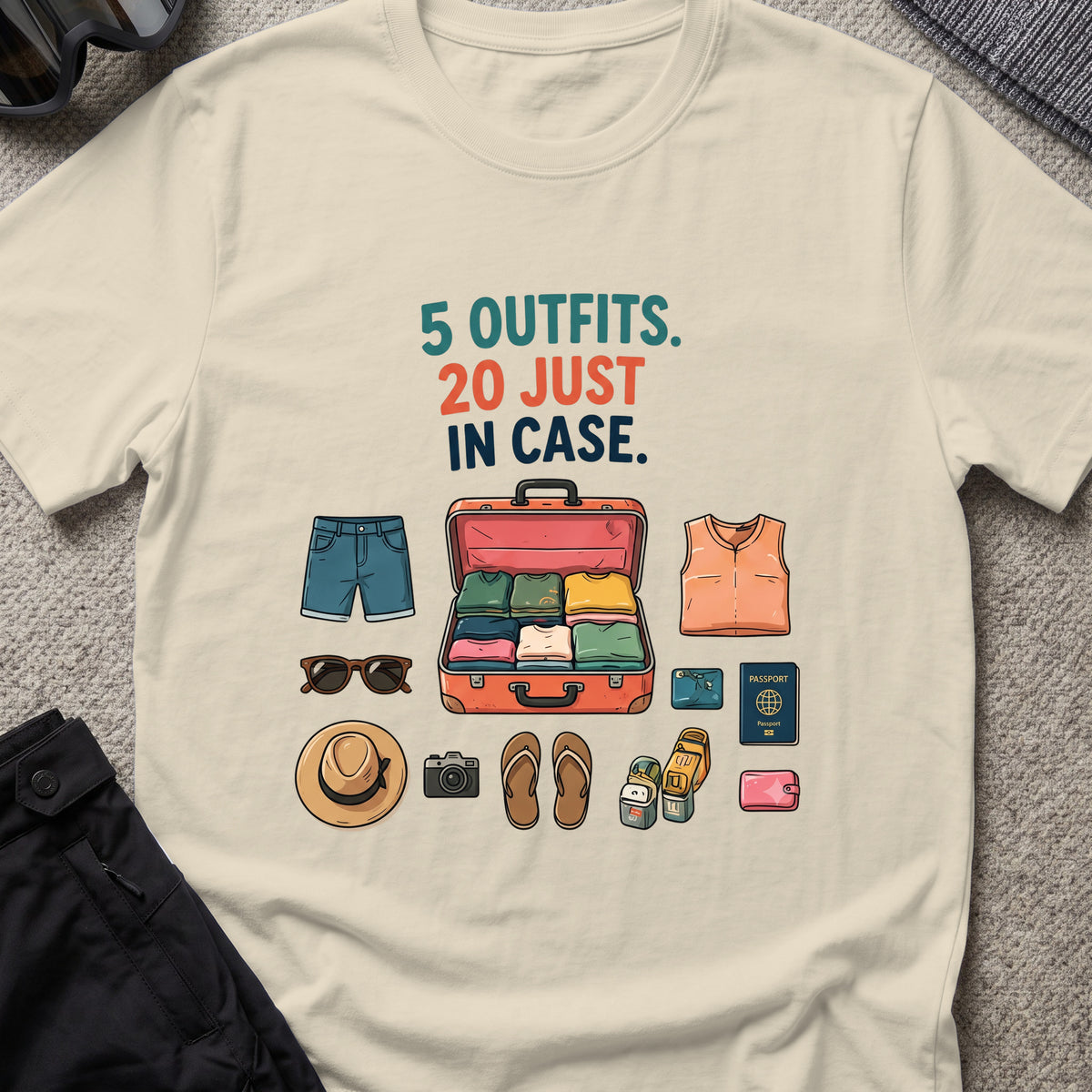 5 Outfits, 20 Just In Case T-Shirt in Sand, front view.