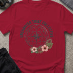 Uncharted Tribe Compass T-Shirt in Cardinal Red, front view.