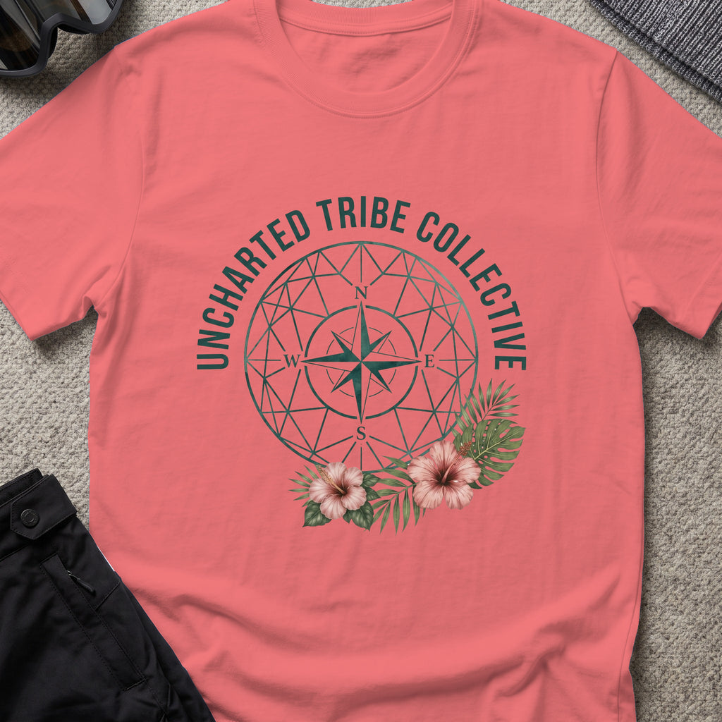 Uncharted Tribe Compass T-Shirt in Coral Silk, front view.