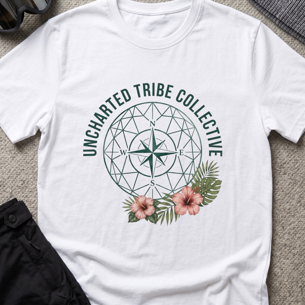 Uncharted Tribe Compass T-Shirt in White, front view.