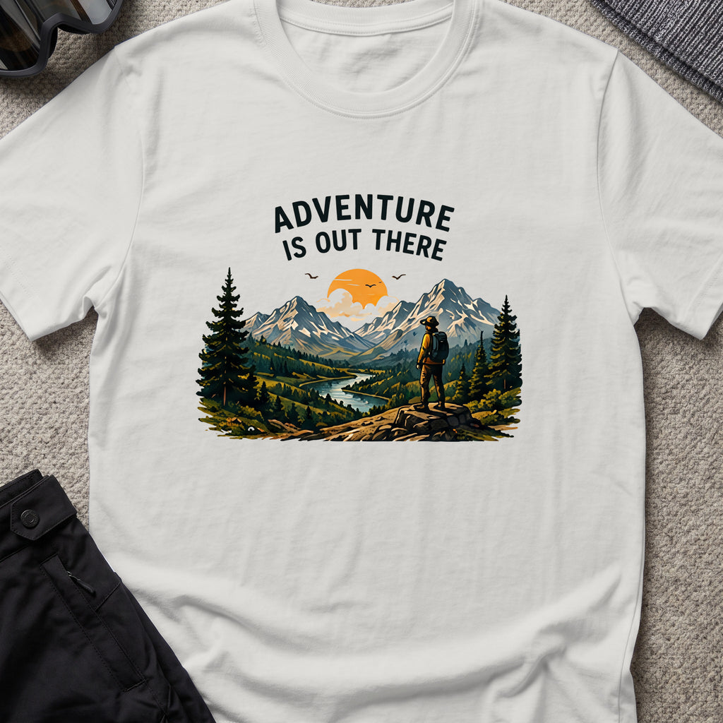 Adventure Is Out There T-Shirt — River Trail in Ice Grey, front view.