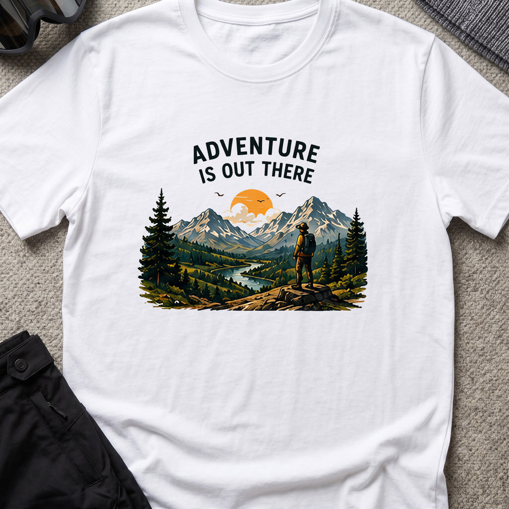 Adventure Is Out There T-Shirt — River Trail in White, front view.