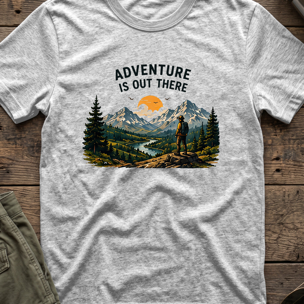 Adventure Is Out There T-Shirt — River Trail in Sport Grey, front view.