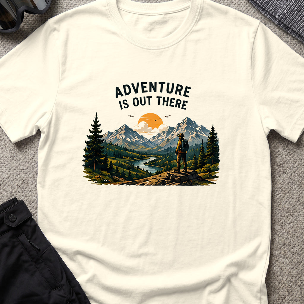 Adventure Is Out There T-Shirt — River Trail in Natural, front view.