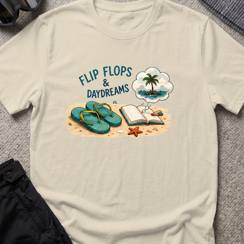 Flip Flops and Daydreams T-Shirt in Sand, front view.