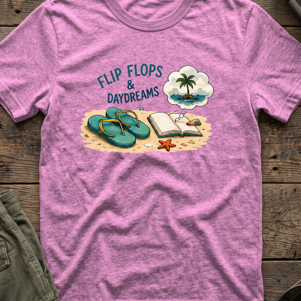 Flip Flops and Daydreams T-Shirt in Heather Radiant Orchid, front view.