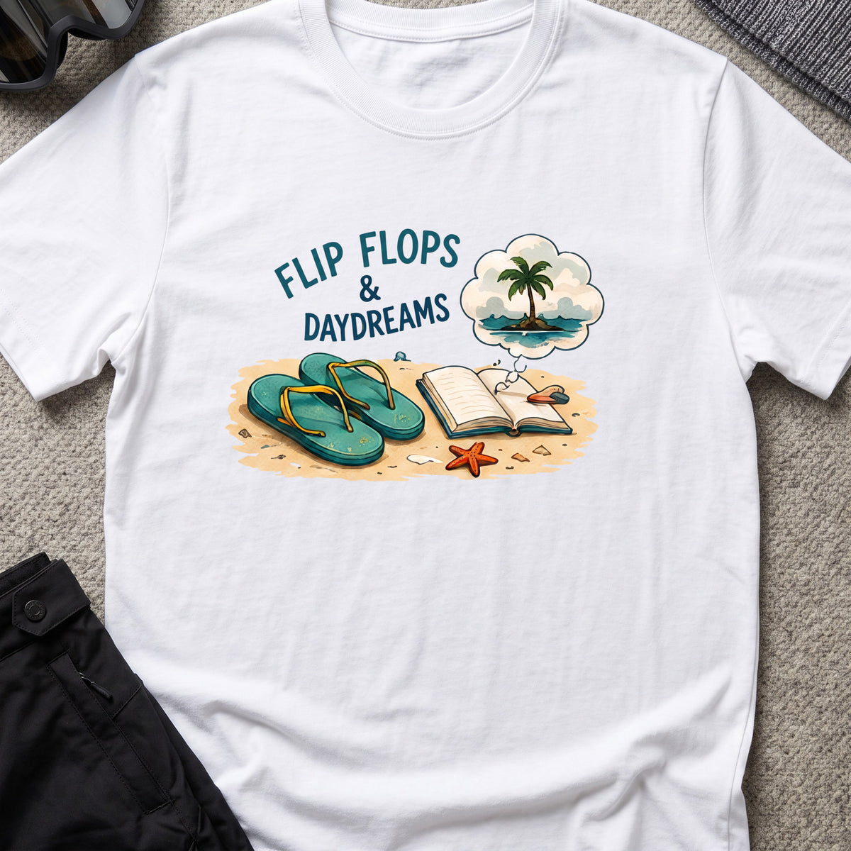 Flip Flops and Daydreams T-Shirt in White, front view.