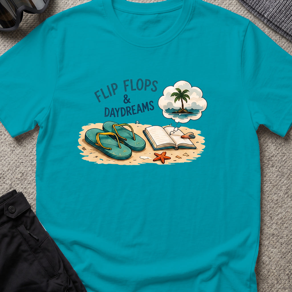Flip Flops and Daydreams T-Shirt in Tropical Blue, front view.