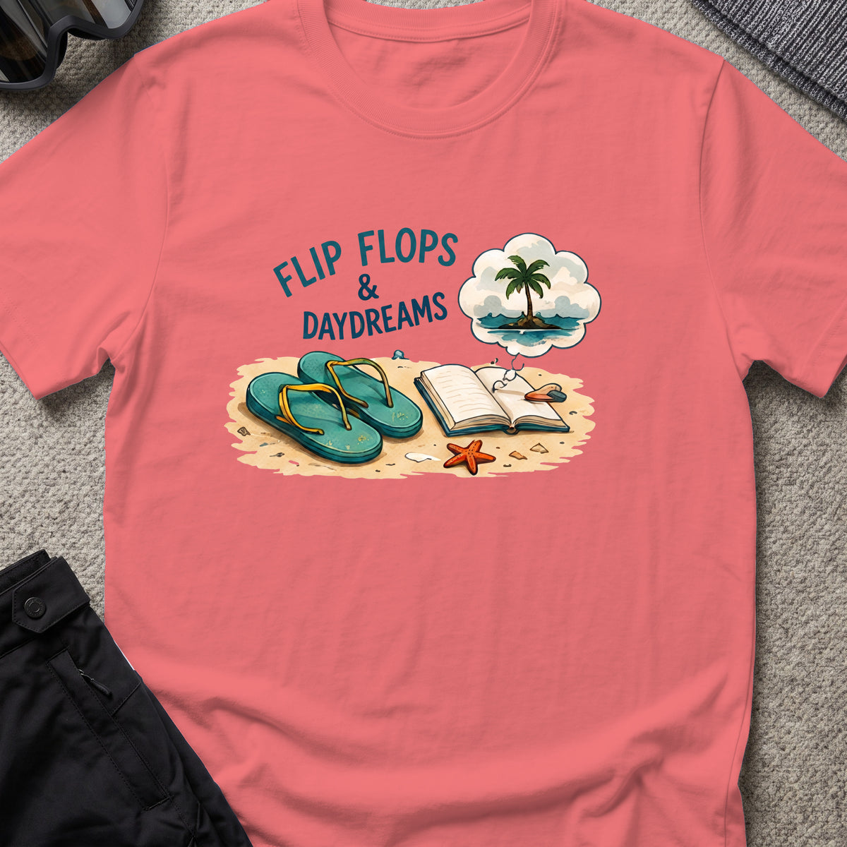 Flip Flops and Daydreams T-Shirt in Coral Silk, front view.