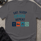 Eat Sleep Cruise Repeat T-Shirt in Charcoal, front view.
