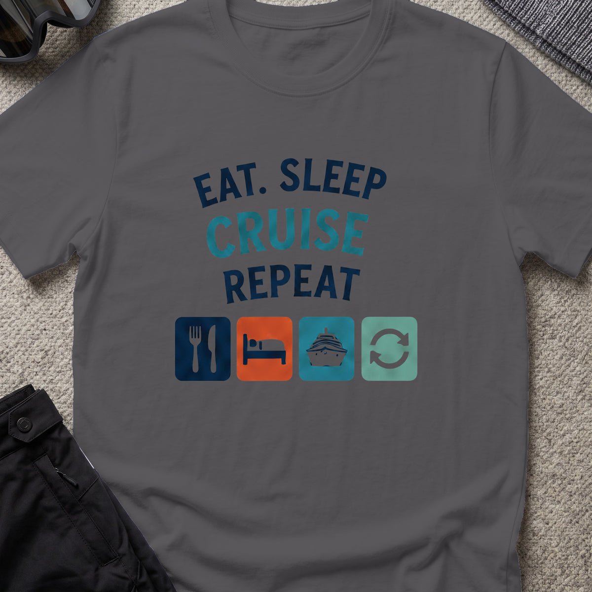 Eat Sleep Cruise Repeat T-Shirt in Charcoal, front view.
