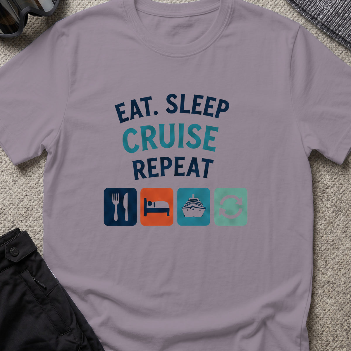 Eat Sleep Cruise Repeat T-Shirt in Paragon, front view.