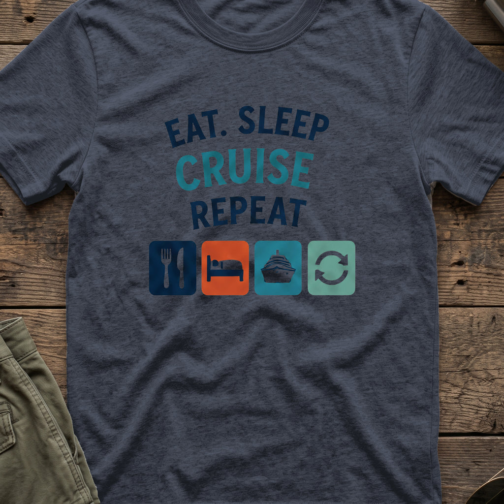 Eat Sleep Cruise Repeat T-Shirt in Heather Navy, front view.