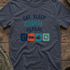 Eat Sleep Cruise Repeat T-Shirt in Heather Navy, front view.