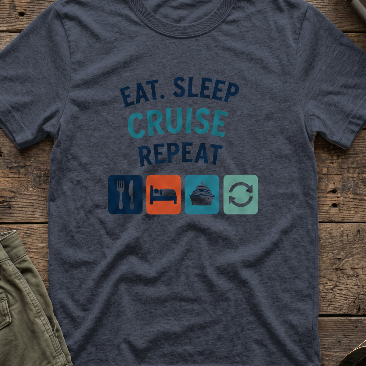 Eat Sleep Cruise Repeat T-Shirt in Heather Navy, front view.