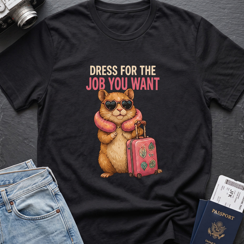 Dress for the Job You Want T-Shirt in Black, front view.