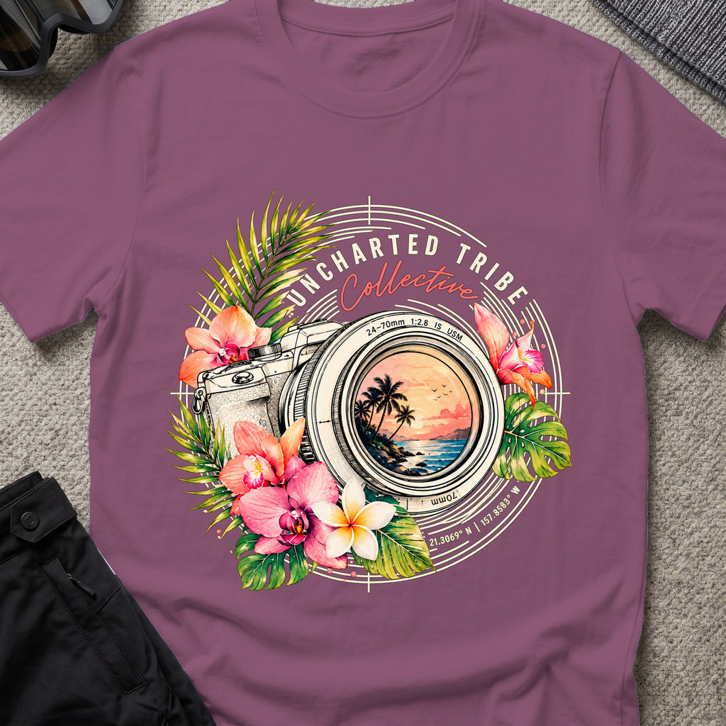 Floral Camera T-shirt in Berry, front view.