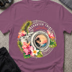 Floral Camera T-shirt in Berry, front view.