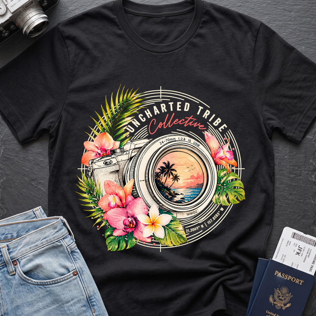 Floral Camera T-shirt in Black, front view.