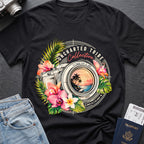 Floral Camera T-shirt in Black, front view.
