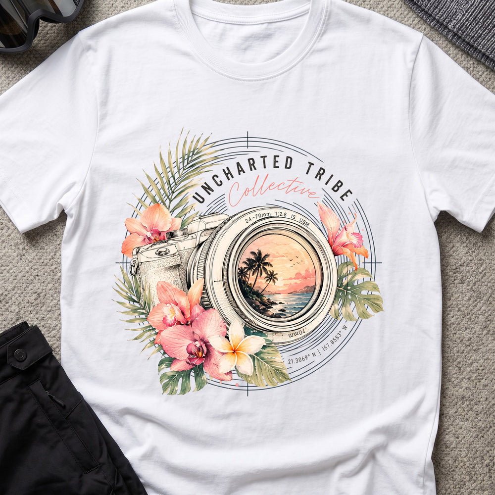 Floral Camera T-shirt in White, front view.