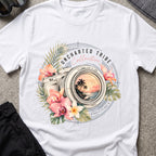 Floral Camera T-shirt in White, front view.