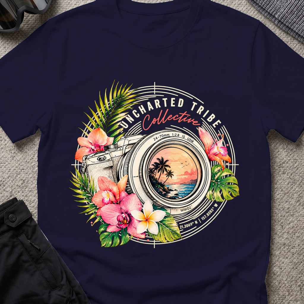 Floral Camera T-shirt in True Navy, front view.