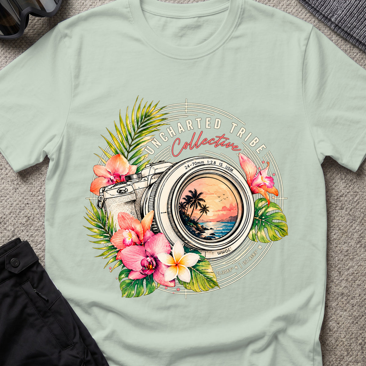 Floral Camera T-shirt in Bay, front view.