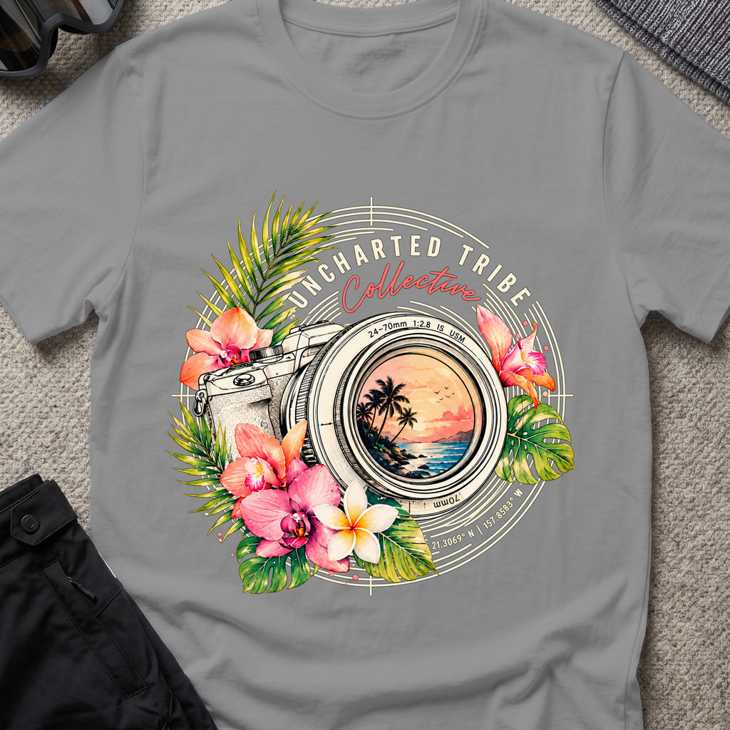 Floral Camera T-shirt in Grey, front view.
