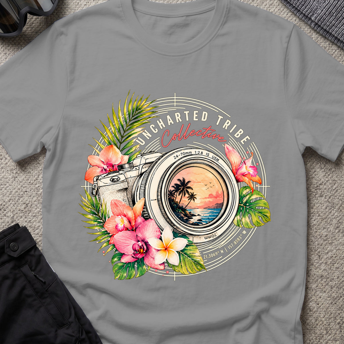 Floral Camera T-shirt in Grey, front view.