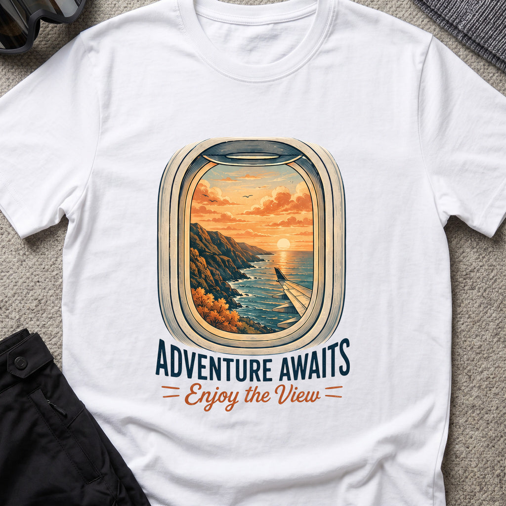 Adventure Awaits T-Shirt — Window Seat in White, front view.