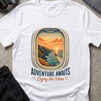 Adventure Awaits T-Shirt — Window Seat in White, front view.
