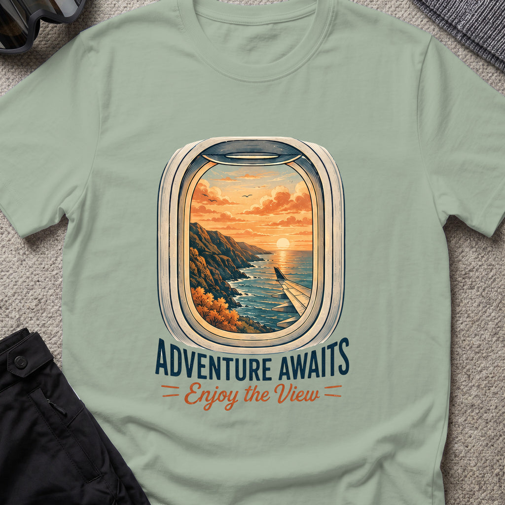 Adventure Awaits T-Shirt — Window Seat in Sage, front view.