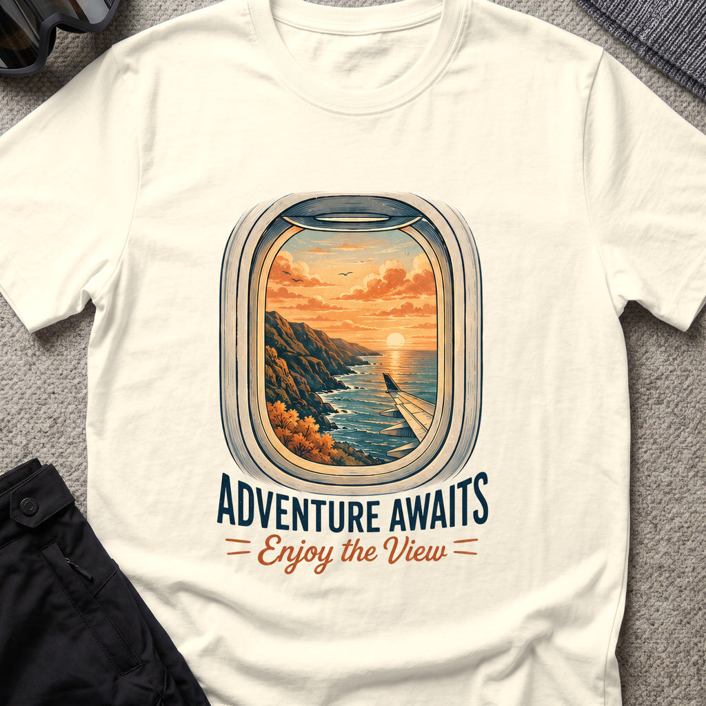 Adventure Awaits T-Shirt — Window Seat in Natural, front view.