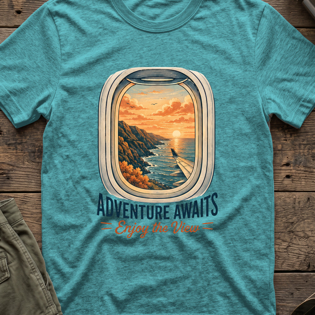 Adventure Awaits T-Shirt — Window Seat in Heather Galapagos Blue, front view.