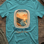 Adventure Awaits T-Shirt — Window Seat in Heather Galapagos Blue, front view.