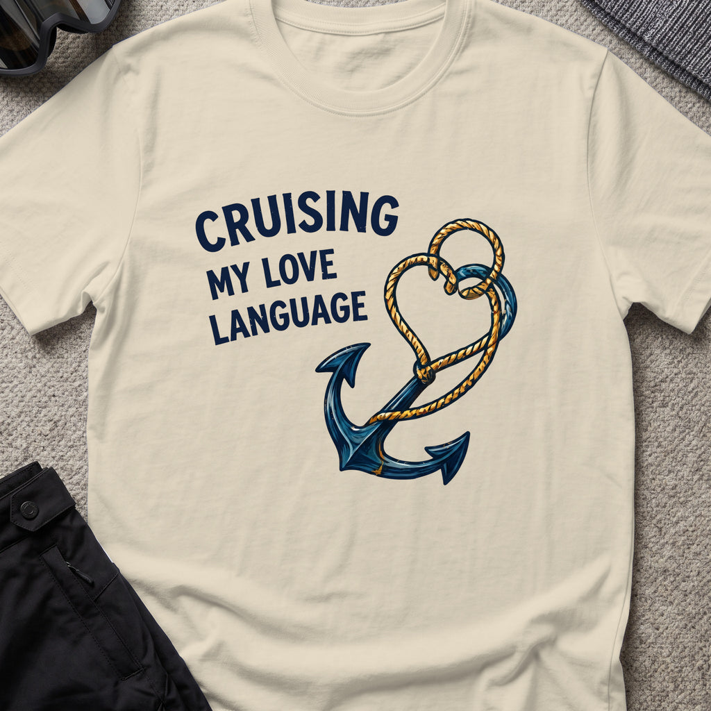 Cruising my Love Language T-Shirt in Sand, front view.