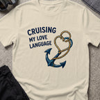 Cruising my Love Language T-Shirt in Sand, front view.