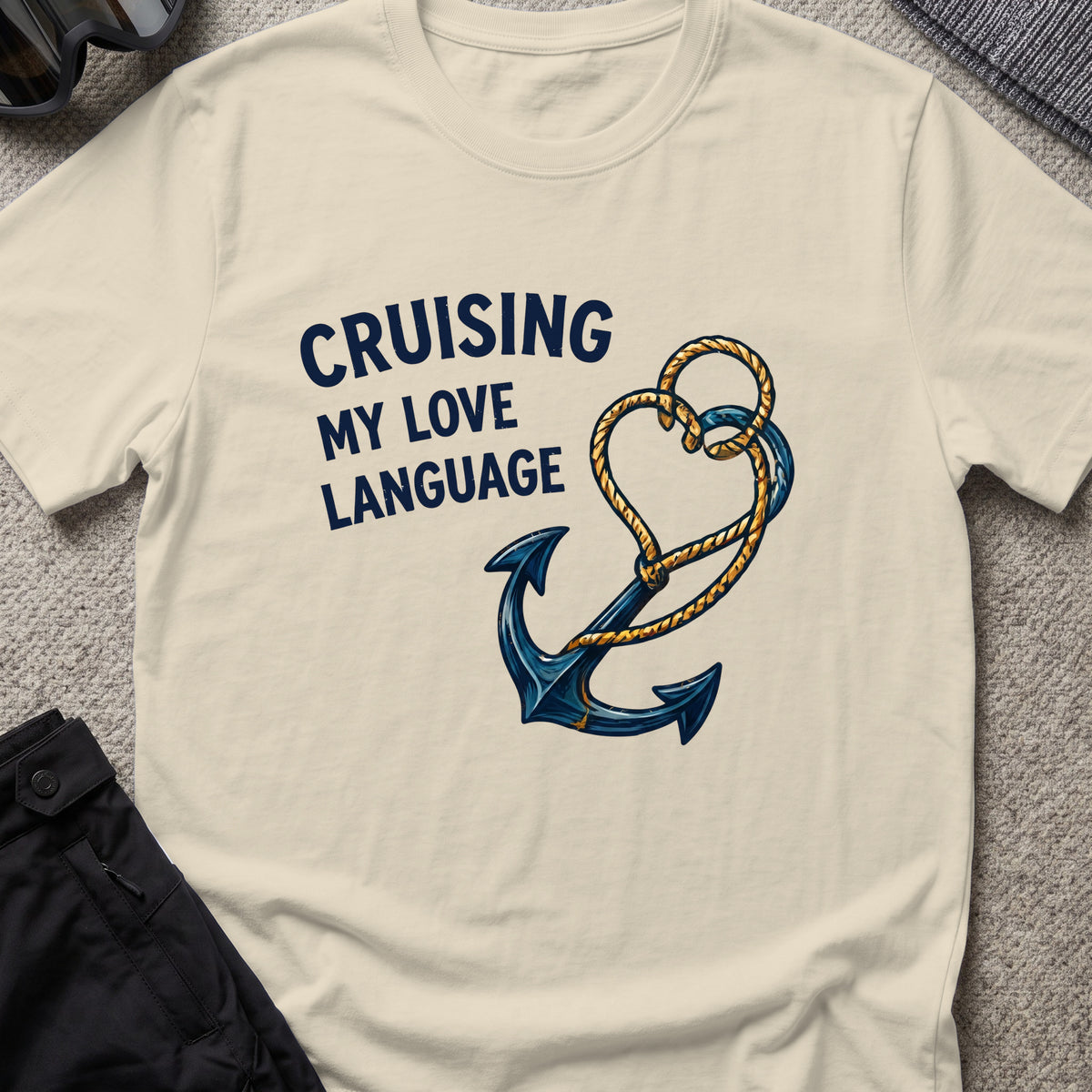 Cruising my Love Language T-Shirt in Sand, front view.