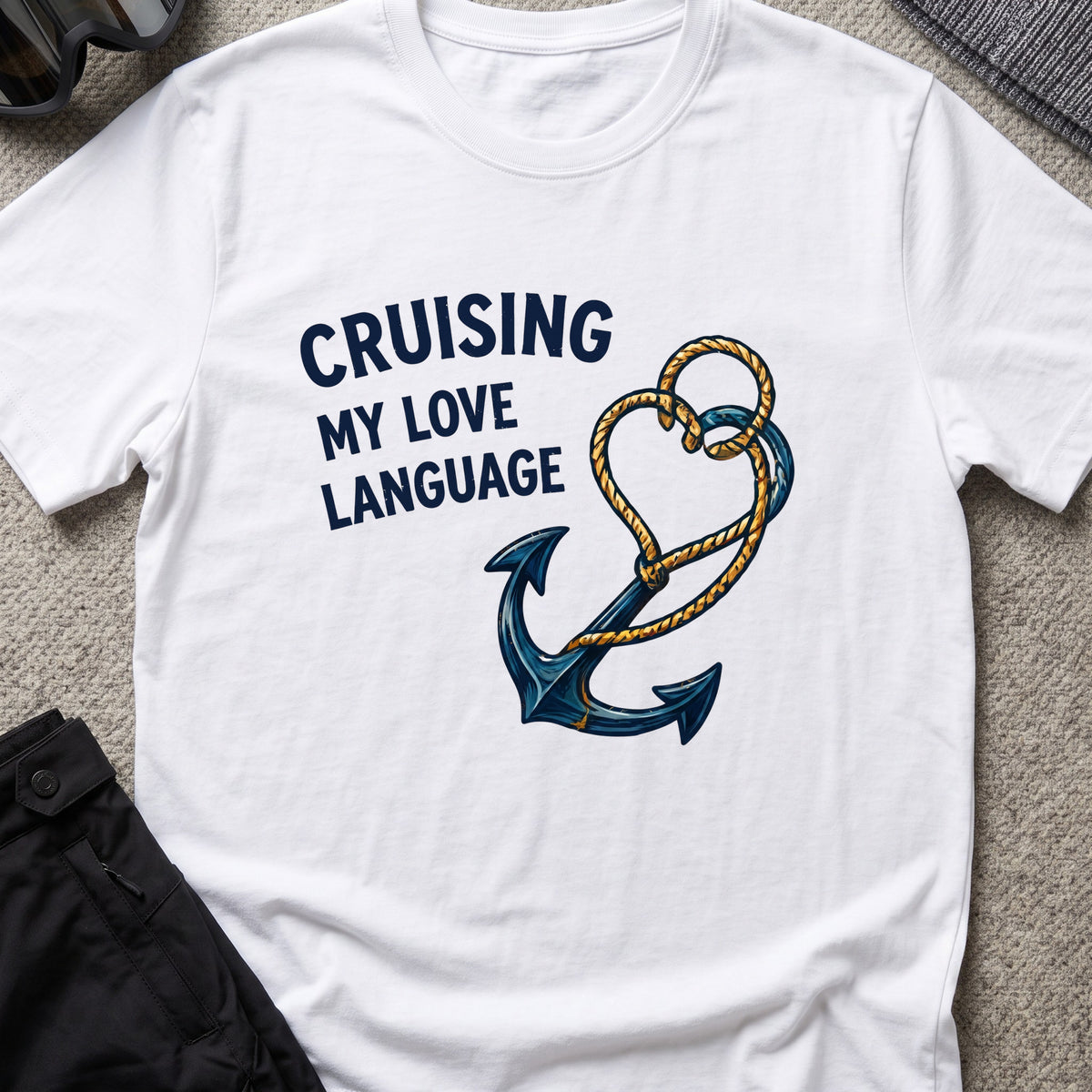 Cruising my Love Language T-Shirt in White, front view.