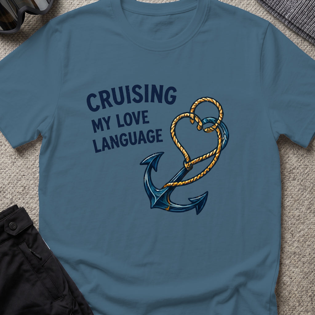 Cruising my Love Language T-Shirt in Indigo Blue, front view.
