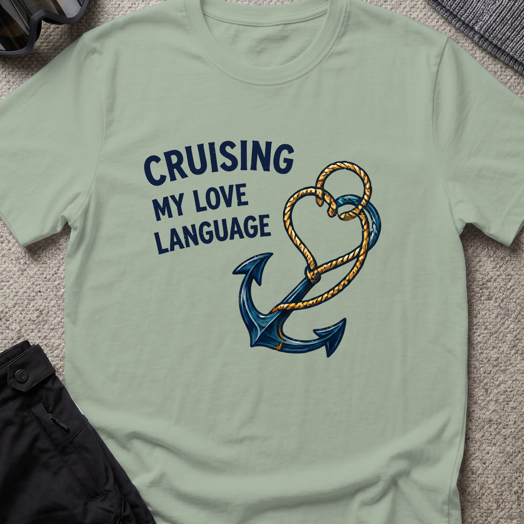 Cruising my Love Language T-Shirt in Sage, front view.