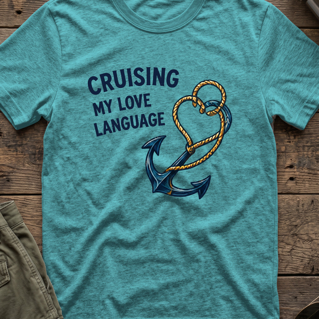 Cruising my Love Language T-Shirt in Heather Galapagos Blue, front view.