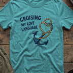 Cruising my Love Language T-Shirt in Heather Galapagos Blue, front view.