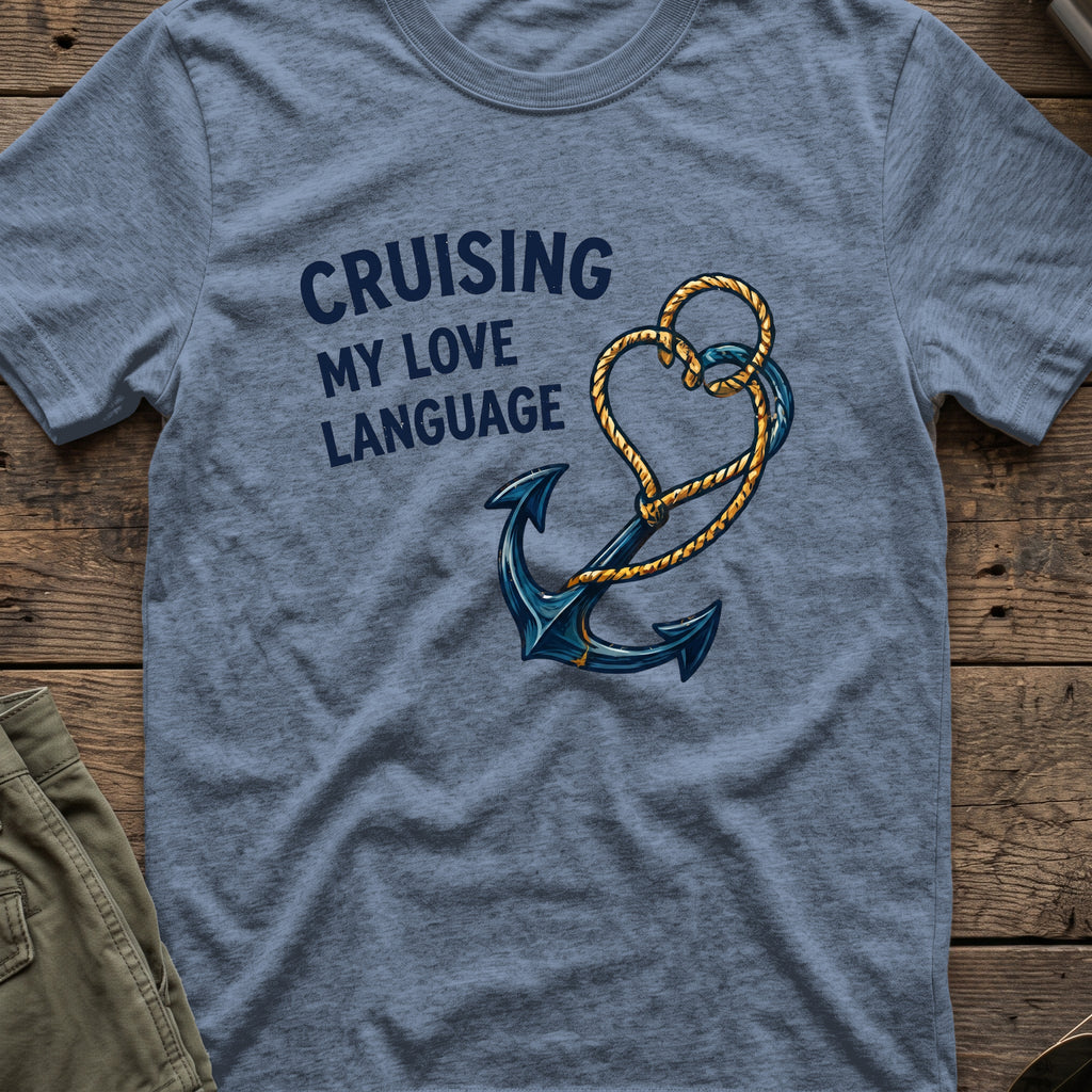 Cruising my Love Language T-Shirt in Heather Indigo, front view.
