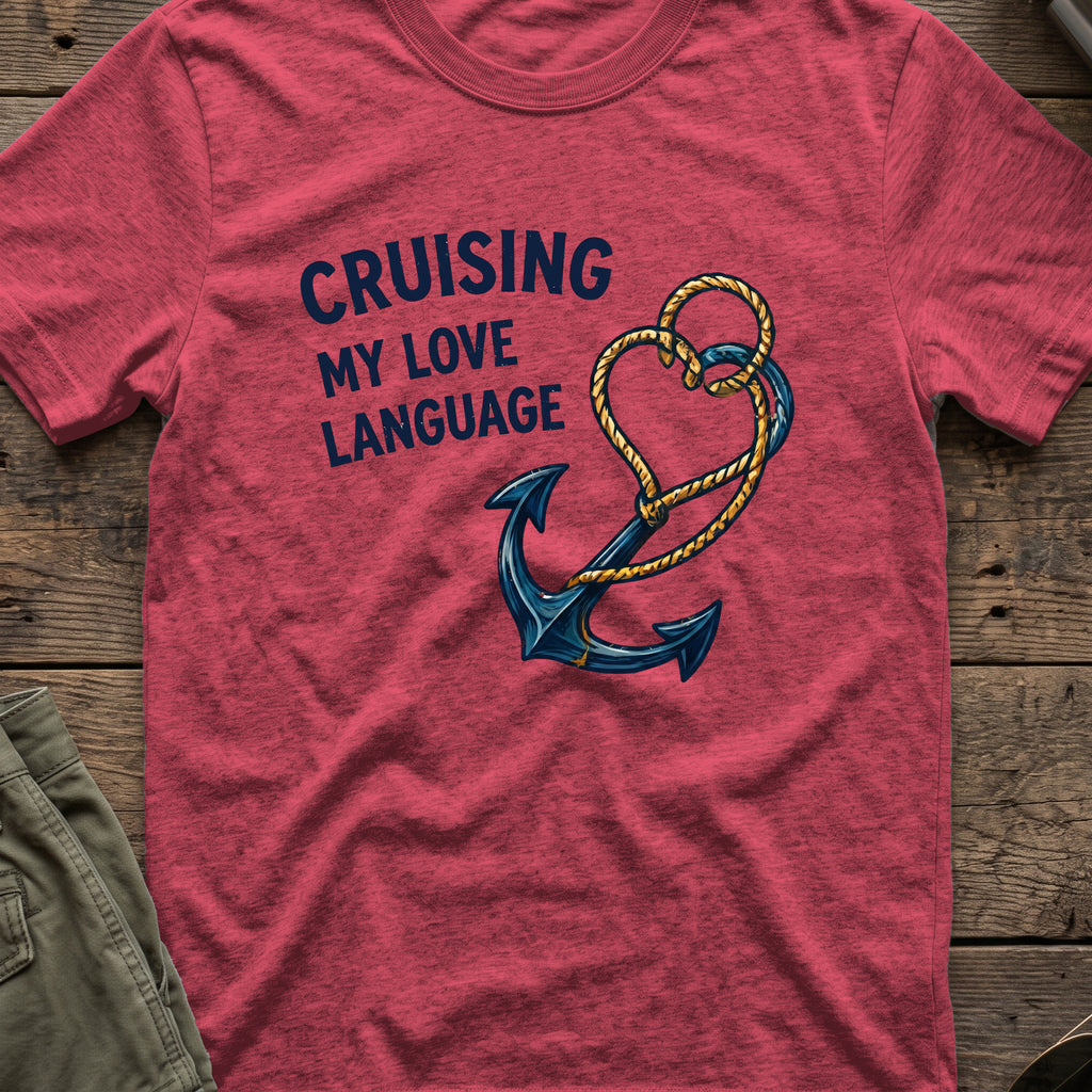 Cruising my Love Language T-Shirt in Heather Cardinal, front view.
