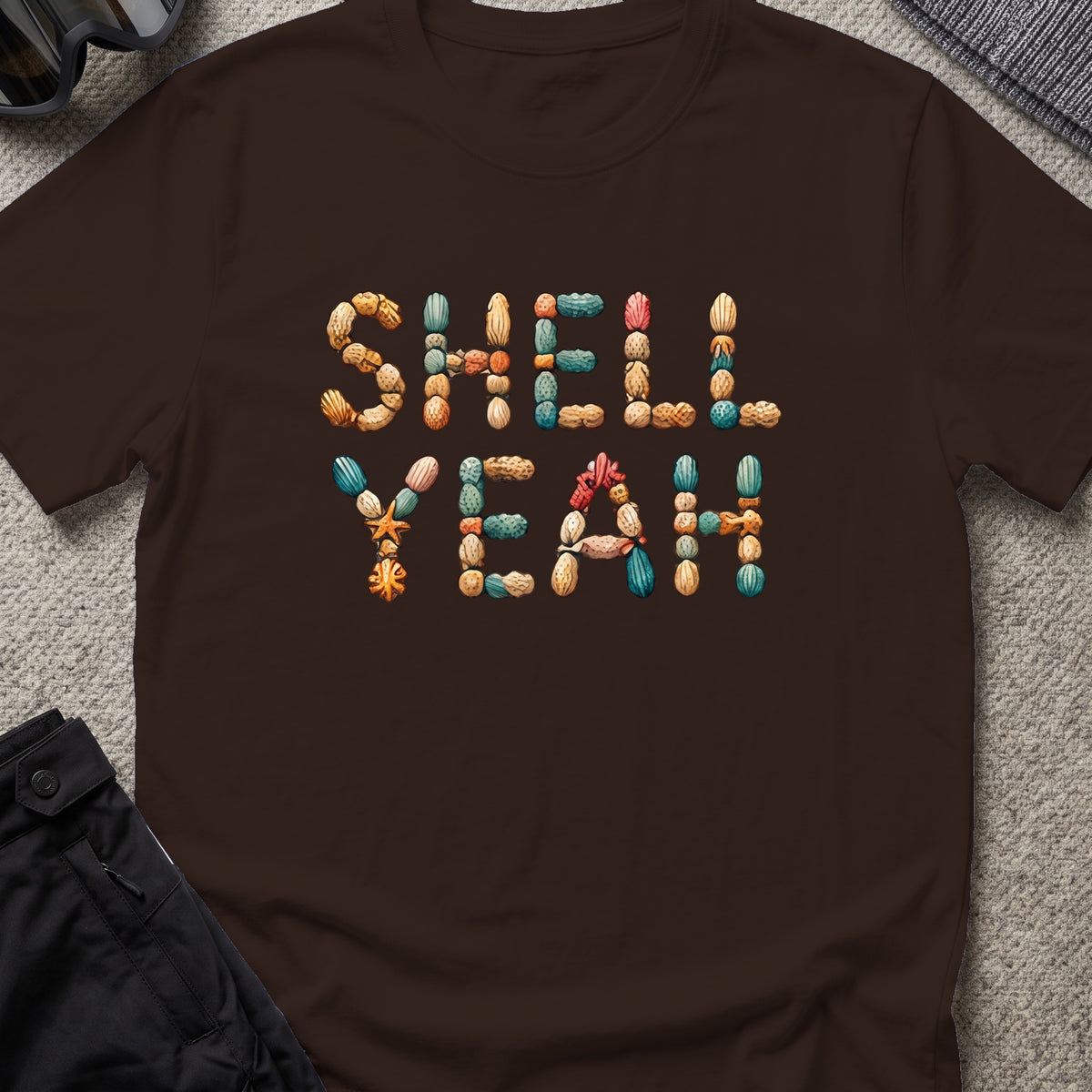 Shell Yeah T-Shirt in Dark Chocolate, front view.
