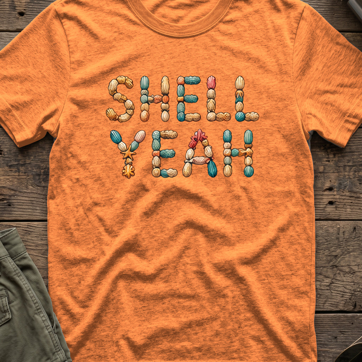 Shell Yeah T-Shirt in Heather Orange, front view.